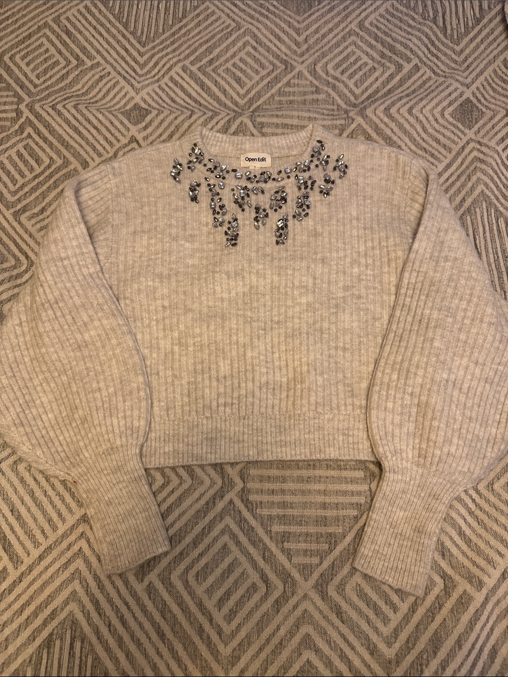 Open Edit Cream Ribbed Jewel-Neck Cropped Sweater